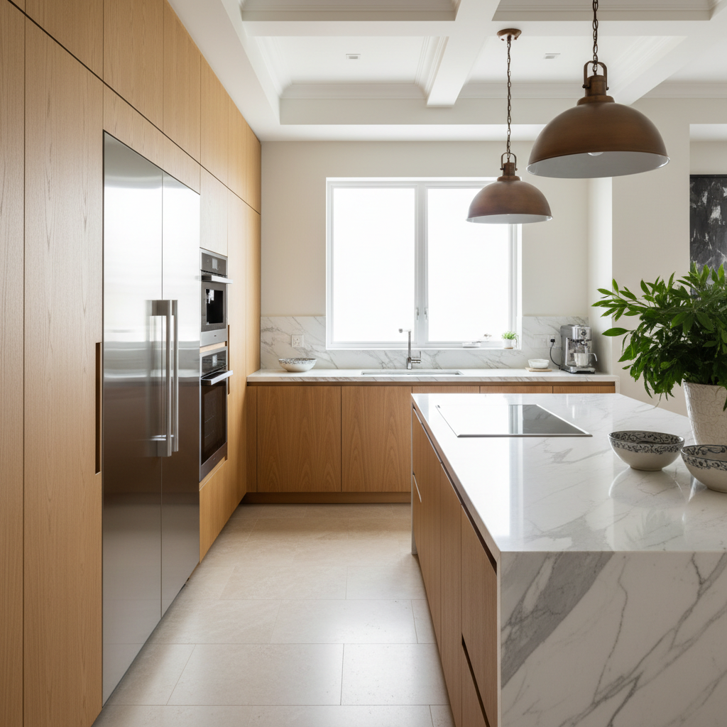 Upscale kitchen with integrated Miele-style appliances